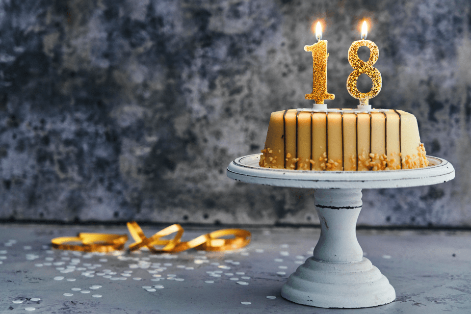 A Birthday Cake with Lit Candles in 1 and 8 