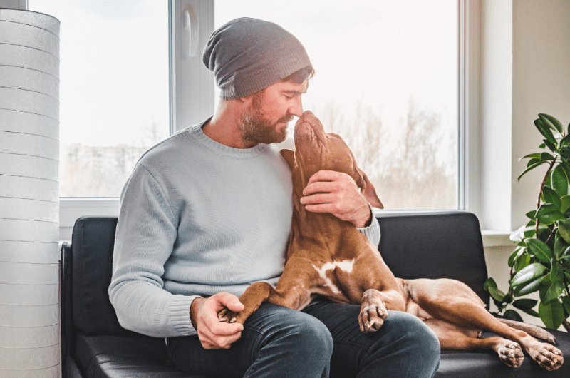 Man Cuddling with a Puppy on the Couch - The Top Traits Filipino Women Look for in a Partner - Blossoms Dating Blog