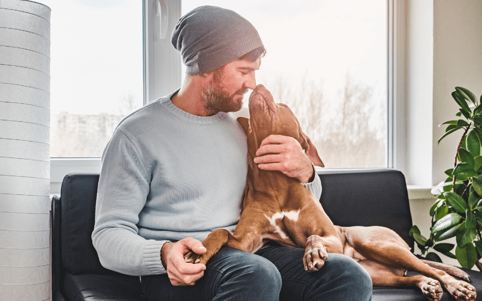 Man Cuddling with a Puppy on the Couch - The Top Traits Filipino Women Look for in a Partner - Blossoms Dating Blog