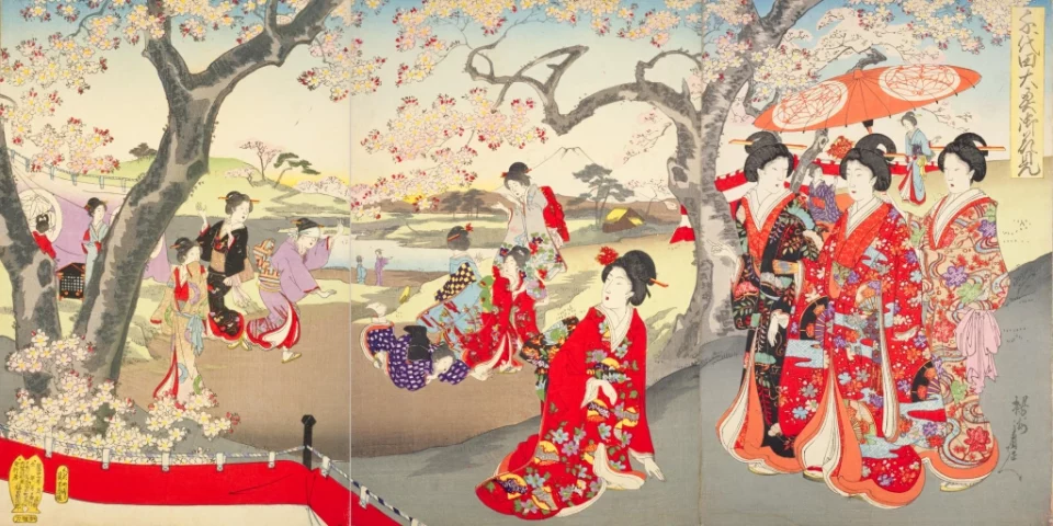 Chiyoda Ooku Hanami (Hanami in the women’s quarters of the Imperial Palace in Edo/Tokyo), ukiyo-e triptych by Toyohara Chikanobu, 1894