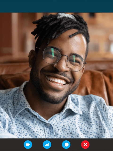 Smiling handsome African American man on a video call.