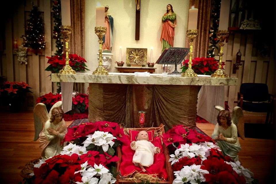 Decorated Christmas altar for Simbang Gabi, a Filipino nine-day series of dawn Masses leading up to Christmas. The altar features a nativity scene.