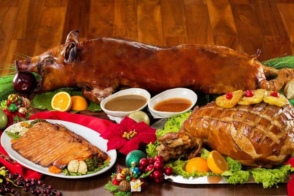 Experience the vibrant Filipino Christmas feast with your Filipina love with the centerpiece lechon taking center stage. Its golden-brown skin glistens under twinkling Christmas lights, while an array of colorful dishes surrounds it. 