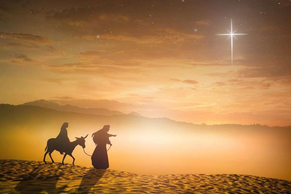 A touching image unfolds: a pregnant Mary on a tired donkey, guided by the gentle glow of the Star of Bethlehem. Beside her, Joseph, cloaked in darkness, scans the horizon for a welcoming light. Their quest for shelter echoes the ancient journey portrayed in the Filipino tradition of Panunuluyan.