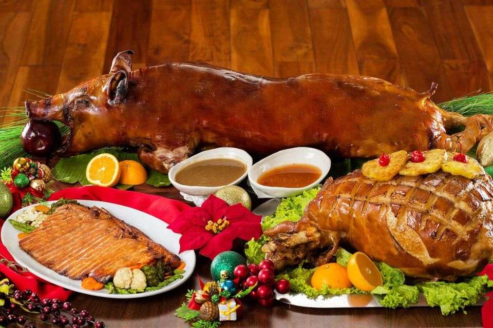Experience the vibrant Filipino Christmas feast with your Filipina love with the centerpiece lechon taking center stage. Its golden-brown skin glistens under twinkling Christmas lights, while an array of colorful dishes surrounds it.